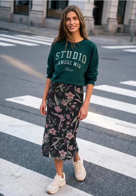 Junge Frau in grünem 'Studio Amour Moi'-Sweatshirt und floralem Midirock lächelt auf einem Zebrastreifen.