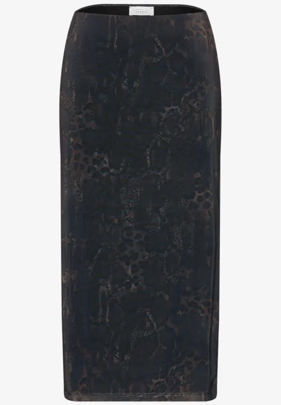 Dunkler, schmaler Bleistiftrock mit dezentem Blumenjacquard