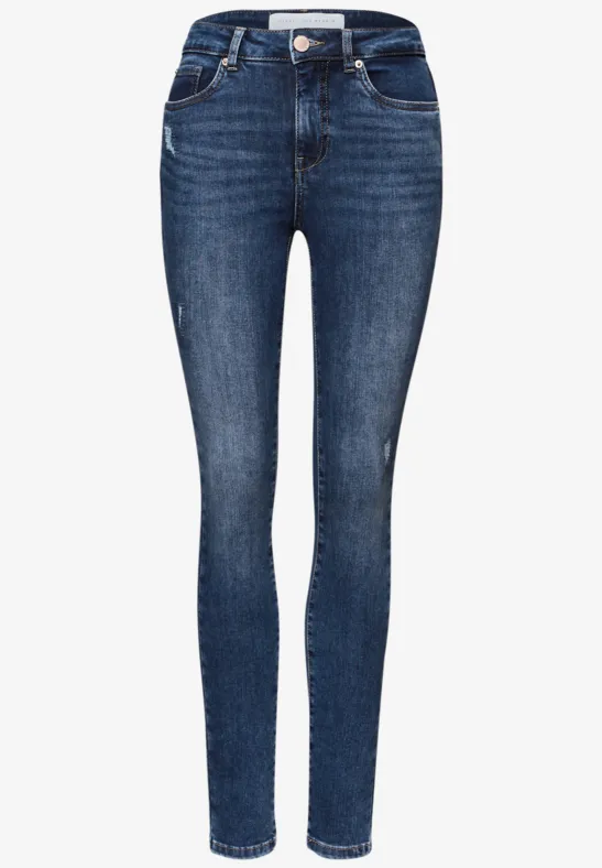 Jeans mit Destroyed Details dark blue authentic wash