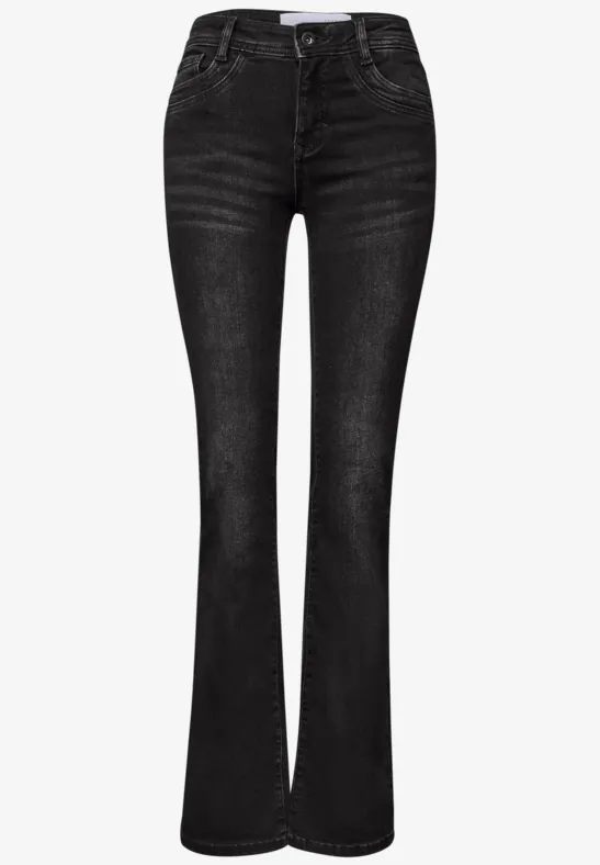 Schwarze Jeans mit hohem Bund und ausgestelltem Bein