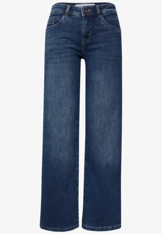 Dunkelblaue, gerade geschnittene Jeans mit hoher Taille und Seiten- sowie Gesäßtaschen.
