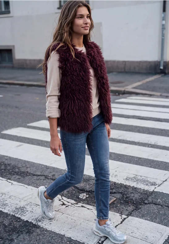 Eine junge Frau überquert einen Zebrastreifen, trägt Jeans, weiße Sneakers und eine flauschige Weste.