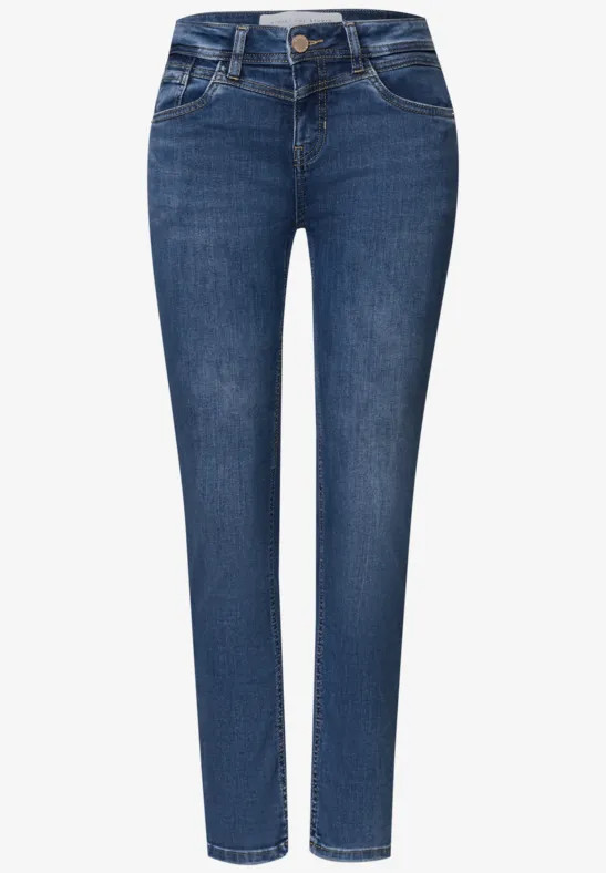 Blaue Damen-Slim-Jeans mit schmalem Schnitt, hohem Bund und klassischen Five-Pocket-Details