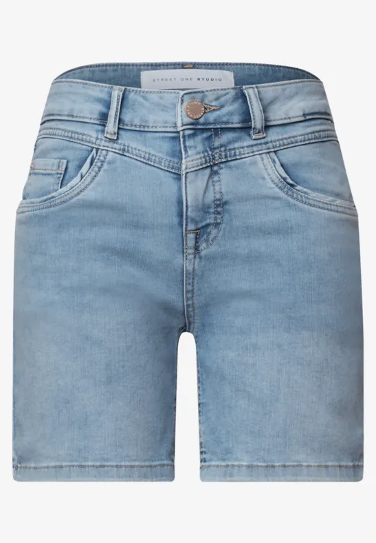 Helle Jeansshorts mit Knopf- und Reißverschluss, Eingrifftaschen und geradem Bein