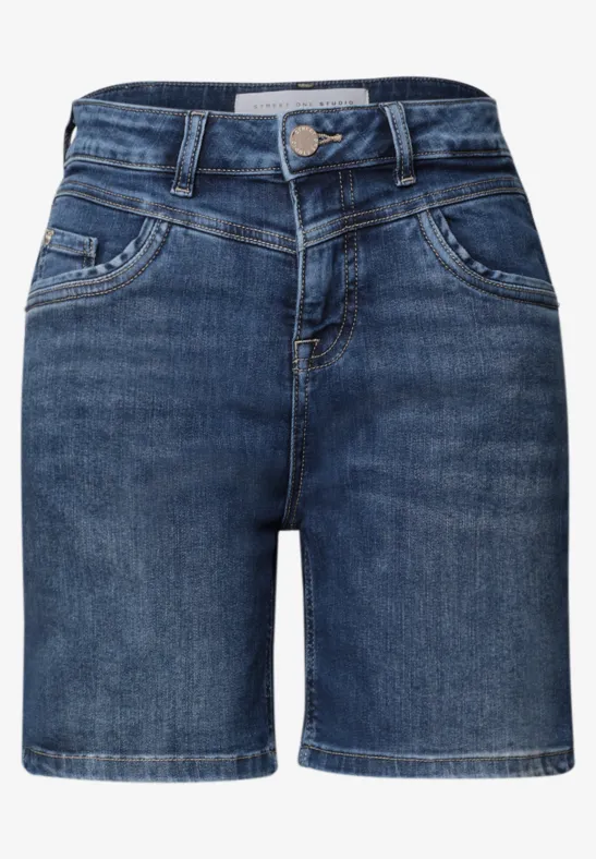 Korte spijkershorts in donkerblauw met hoge taille en voorzakken