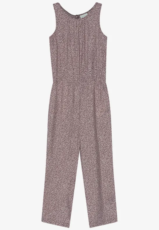 Ärmelloser Einteiler in lila mit feinem Blumenmuster, elastischer Taillenpartie und weitem Bein.