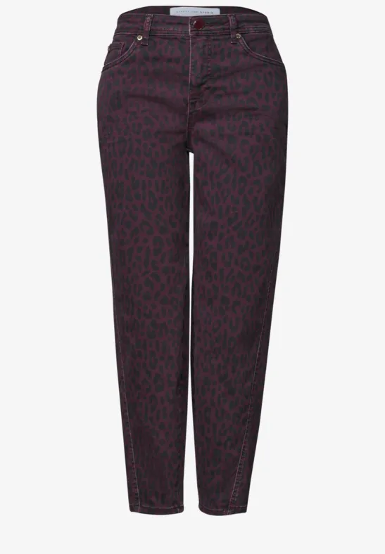 Dunkelviolette Jeans mit schwarzem Leopardenmuster, hoher Taille, fünf Taschen und legerer, schmal zulaufender Passform