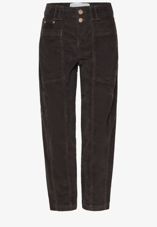 Dunkelbraune Cordhose mit hoher Taille, zwei Knöpfen und schmalem Bein.