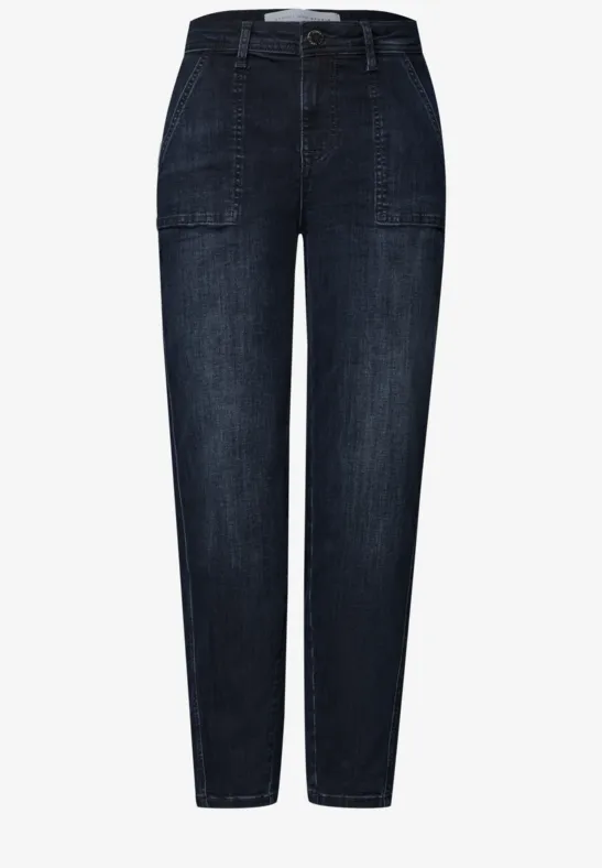 Dunkelblaue Damenjeans im lässigen, geraden Schnitt mit aufgesetzten Taschen