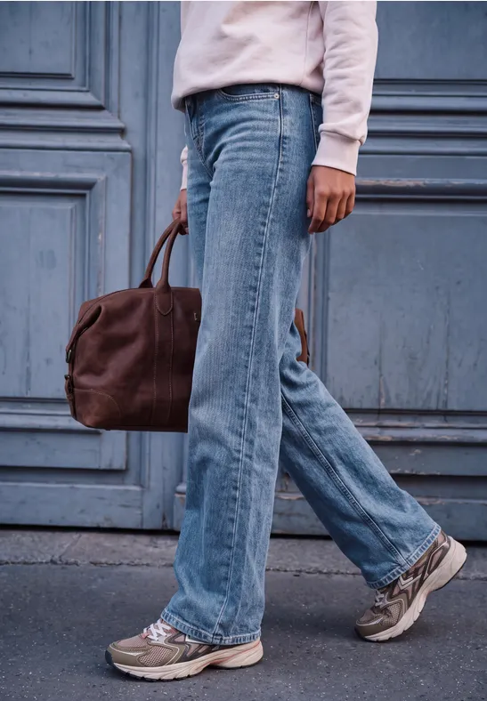 Eine Person in blauer Jeans, rosa Pullover und Sneakers geht und trägt eine braune Tasche.