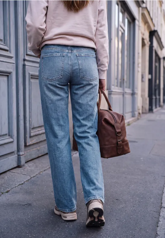 Person von hinten in blauen Jeans und Sneakern läuft mit brauner Tasche auf städtischem Gehweg.