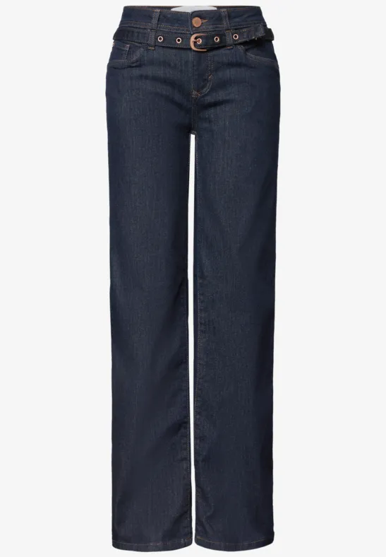 Jean bleu foncé droit taille haute avec ceinture et fermeture à boutons.