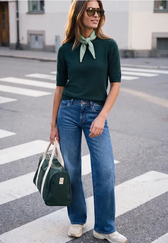 Frau in grüner Bluse, Jeans und Halstuch, mit Sonnenbrille und grüner Tasche, geht über einen Zebrastreifen.