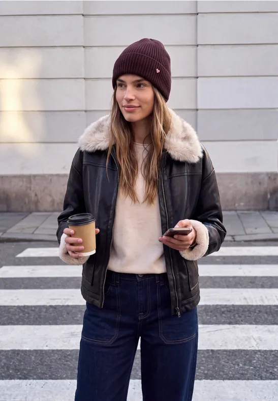 Junge Frau in Lederjacke mit Fellkragen und Mütze, hält Kaffee und Handy an einem Zebrastreifen.