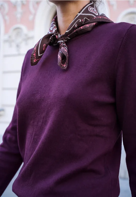 Person trägt violetten Pullover und gemustertes Halstuch vor hellem Hintergrund.