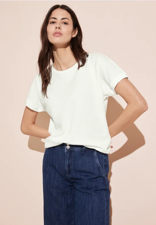 T-shirt Femme Texturé Street One - Col V, épaules Tombantes, Devant Crêpe, Dos Jersey - Look Décontracté Tendance