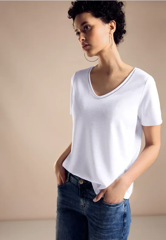 T-shirt Street One A321616 – Effetto Lino, Scollo A V Con Ricamo, Bianco, Taglia 44 Donna