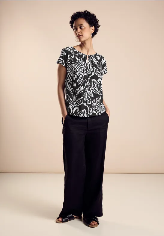 STREET-ONE Materialmix-T-Shirt für Damen in Schwarz | STREET-ONE 