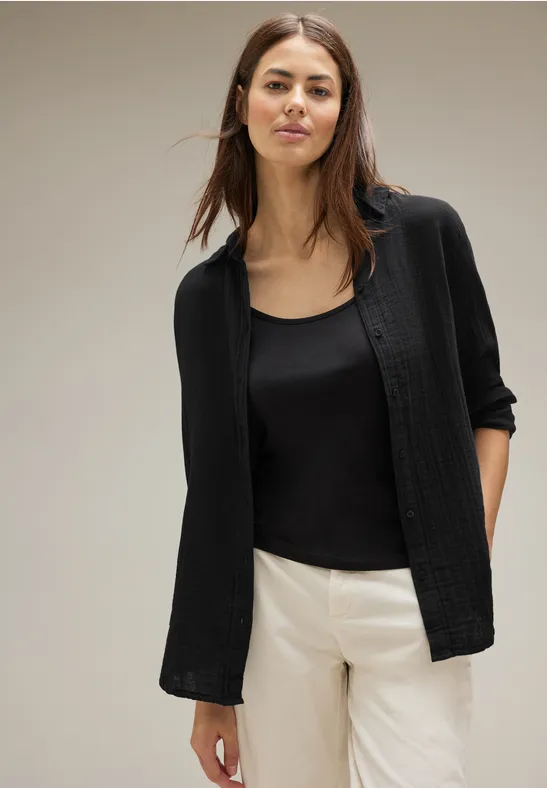 STREET-ONE Trendy Musselin Hemdbluse für Damen in Schwarz | STREET-ONE
