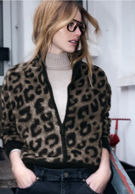 STREET-ONE Flauschiger Leo Cardigan für Damen in Schwarz | STREET-ONE