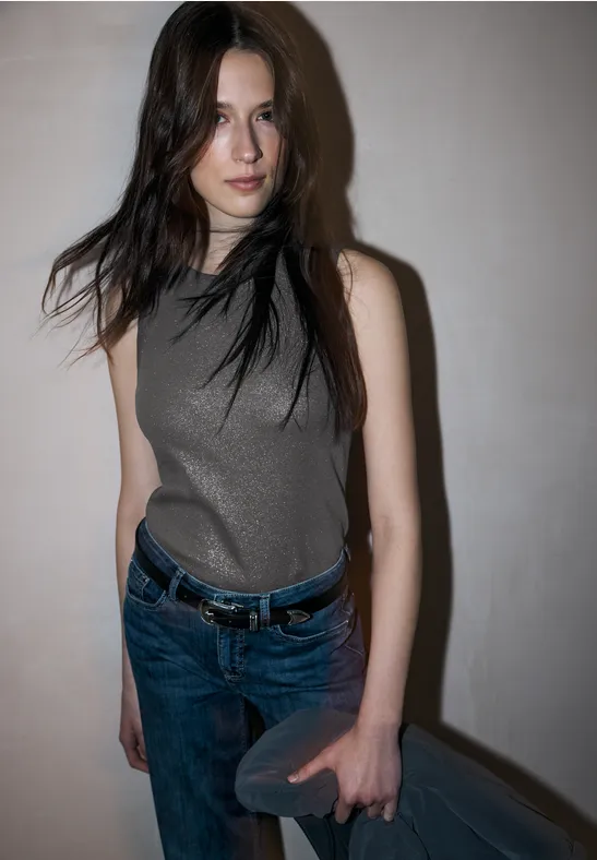 Street One Studio Damen Coated Top - Ärmelloses Top Mit Schimmerndem Finish