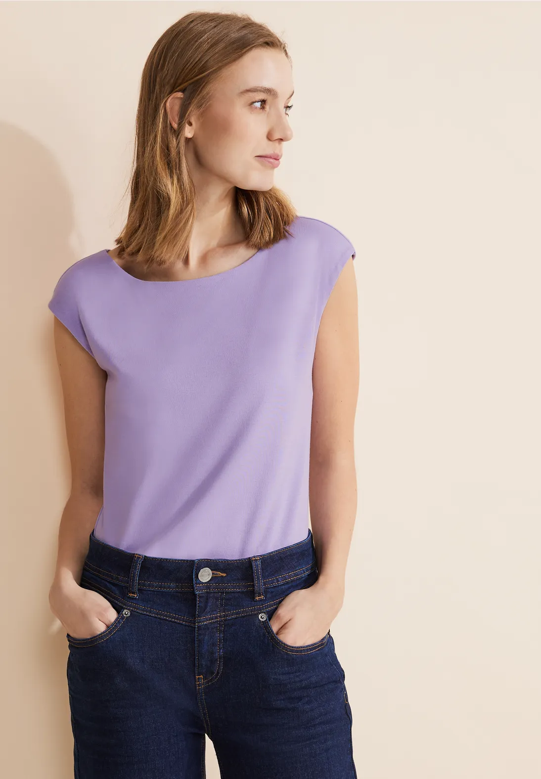 T-shirt Femme Street One Gerda - Col En V - Manches Courtes - Mélange Coton/modal - Coupe Décontractée