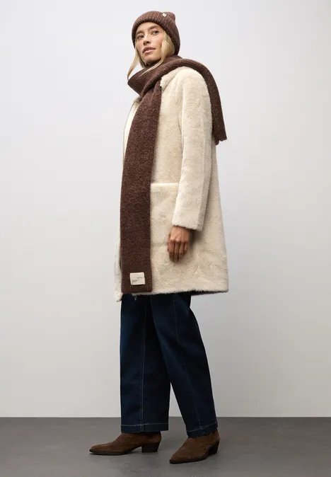 Fake Fur Mantel mit Kapuze pastel sand