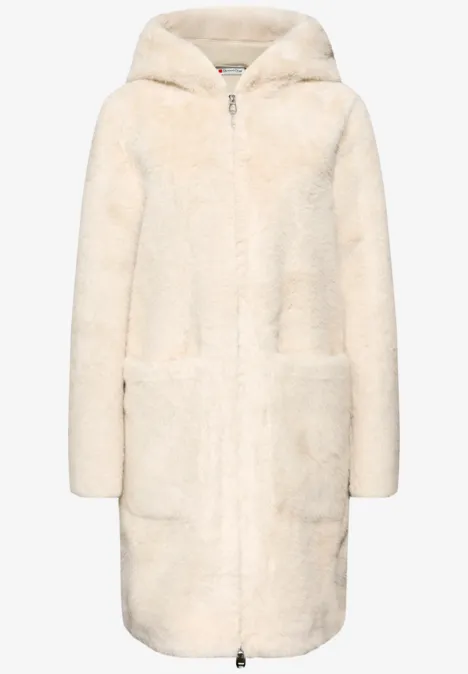Fake Fur Mantel mit Kapuze pastel sand