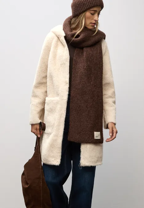 Fake Fur Mantel mit Kapuze pastel sand