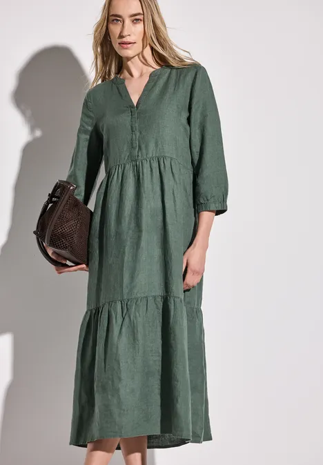 Leinen-Kleid mit Volants garden green