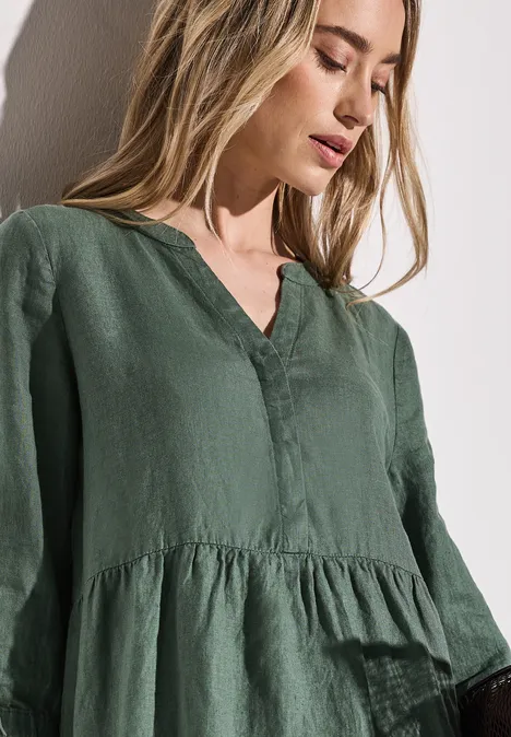 Leinen-Kleid mit Volants garden green