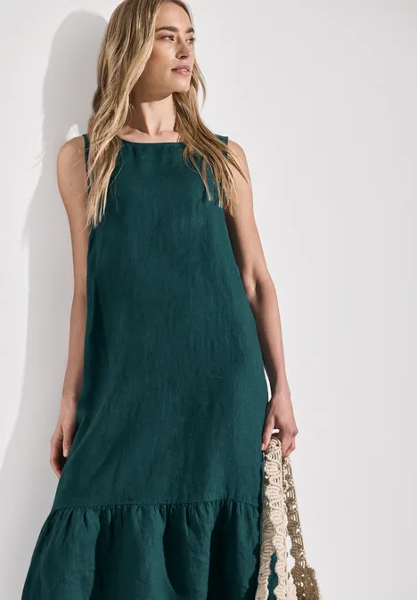 Volant-Kleid aus Leinen dark garden green