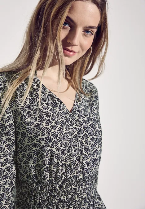 Print-Kleid mit Smock-Detail deep blue