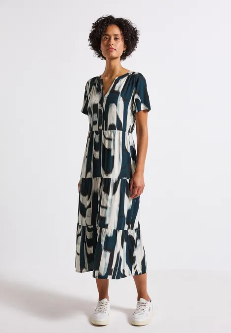 Volant-Kleid mit Ikat Print tide blue