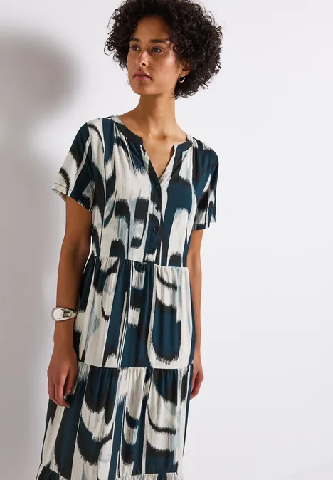 Volant-Kleid mit Ikat Print tide blue