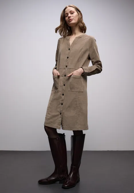 Corduroy jurk in effen kleur light terra mocha