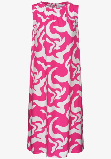Ärmelloses, bodenlanges Kleid mit kräftigem pink-weißen, abstrakten Muster.