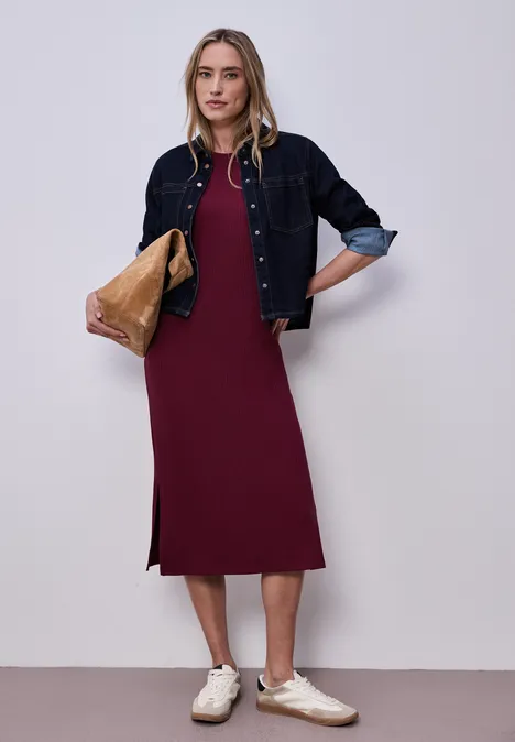 Robe midi en jersey côtelé truffle red