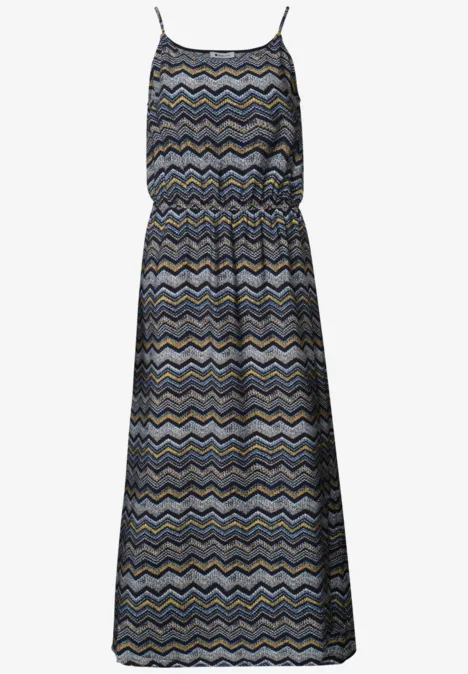Leichtes Midikleid mit Zickzackmuster in Blau, Grau, Schwarz und Gelb.