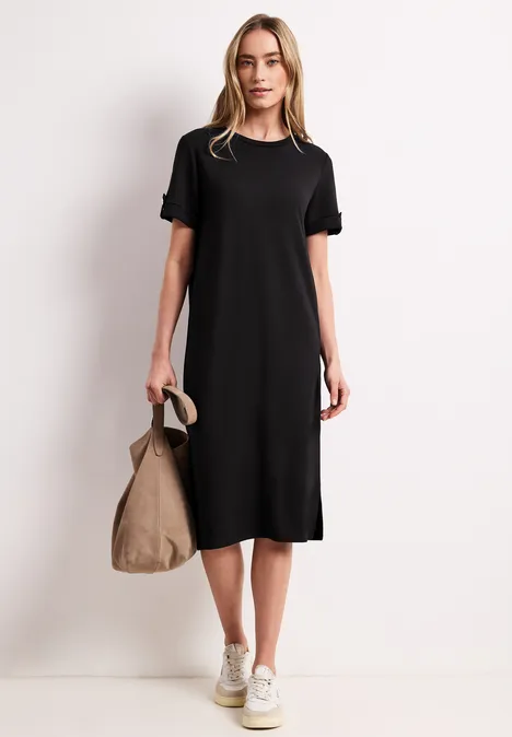 Midi-Kleid mit Rundhals und Knöpfen Black