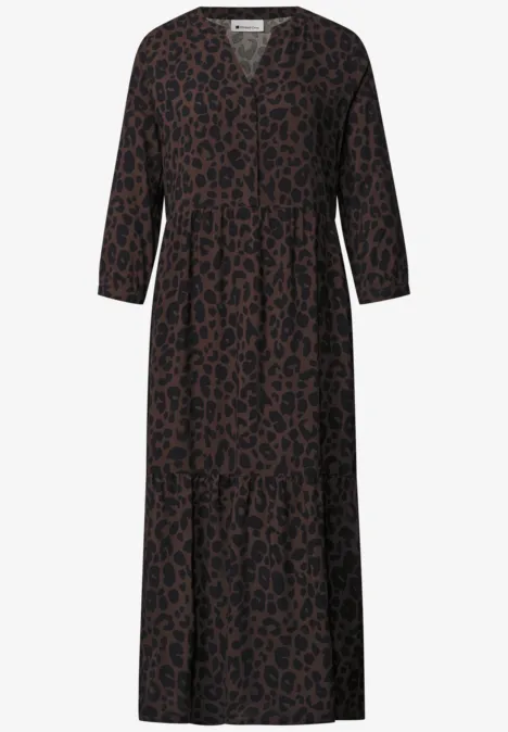Midi-Kleid mit Split Neck und Print molten earth Langes V-Ausschnitt-Kleid mit 3/4-Ärmeln in dunkelbraun mit schwarzem Leoprint