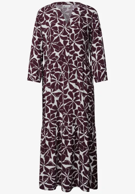 Midi-Kleid mit Split Neck und Print rustic rouge Langes, dunkelrotes Maxikleid mit weißem Blattmuster und V-Ausschnitt.