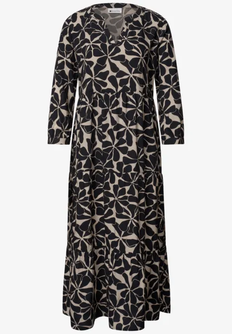 Midi-Kleid mit Split Neck im Ethno-Look Black Langärmeliges Maxikleid in Schwarz mit beigem Blattmuster