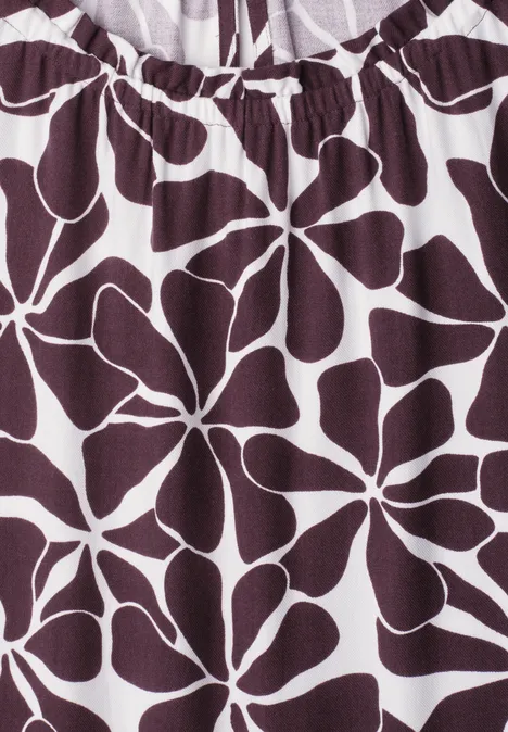Knielange jurk met ronde halslijn rustic rouge Bruin-wit stofpatroon met abstracte bloembladeren