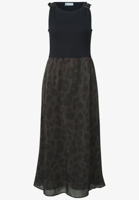 Ärmelloses Maxikleid mit schwarzem Oberteil und dunkelgrünem, leopardemusterem Chiffonrock.