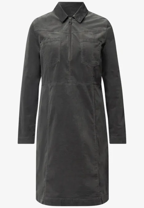 Kniehoge jurk van corduroy met ritssluiting gravel grey Donkergrijze blousejurk tot op de knie, lange mouwen en opstaand kraagje