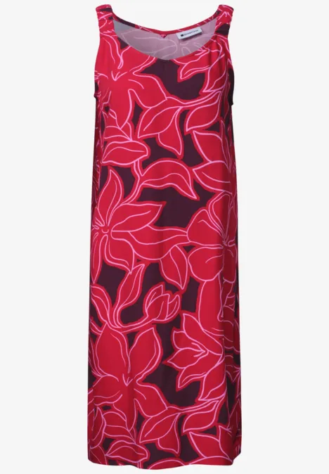 Knielanges Kleid mit gerafften Trägern salsa red Rotes ärmelloses Damenkleid mit auffälligem pinken Blumenmuster, knielang und gerade geschnitten.