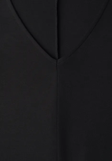 Knielanges Kleid aus Jersey mit Kurzarm Black Schwarzes Kleidungsstück mit V-Ausschnitt und mittiger Naht