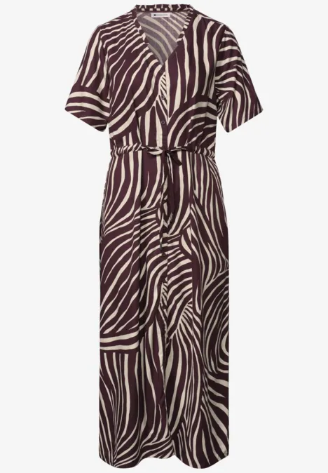 Robe midi avec col en V et imprimé rustic rouge Robe midi zébrée à manches courtes avec ceinture marquée à la taille
