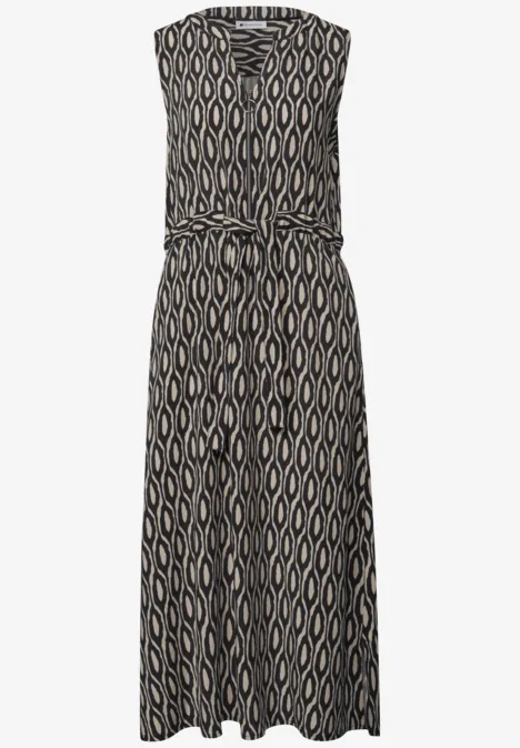 Midi-Kleid mit Split Neck und Zipper clay sand Ärmelloses Midikleid mit geometrischem Schwarz-Beige-Muster und Taillengürtel